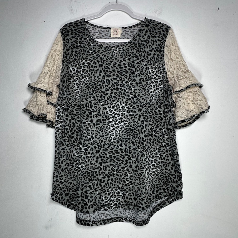 Grace & Emma Grey Leopard Print Top Cream Lace Tiered Ruffle Sleeve Womens Large